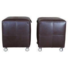 2 Brown Leather Baker Furniture Rolling Stools Ottoman Footrest Pouf Seat