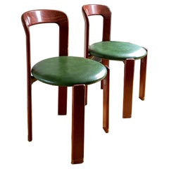 Vintage 2 Bruno Rey Dining Chairs in Dark Wood with Green Leather Seat by Dietiker