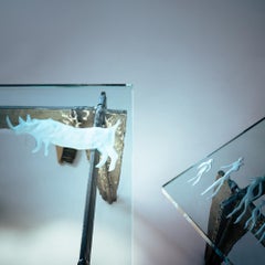 2 brutalist steel side tables with primitive safari scene motifs etched glass