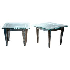2 brutalist steel side tables with primitive safari scene motifs etched glass