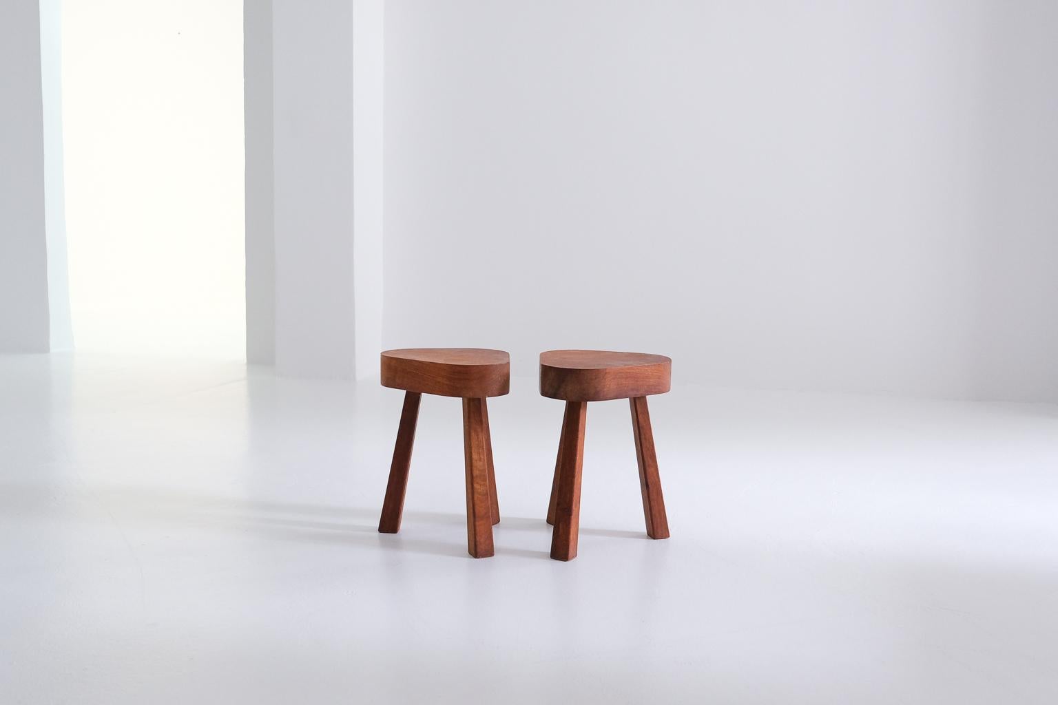 Brutalist 2 brutalist stools or sidetables of solid wood in the style of Chapo or Perriand For Sale