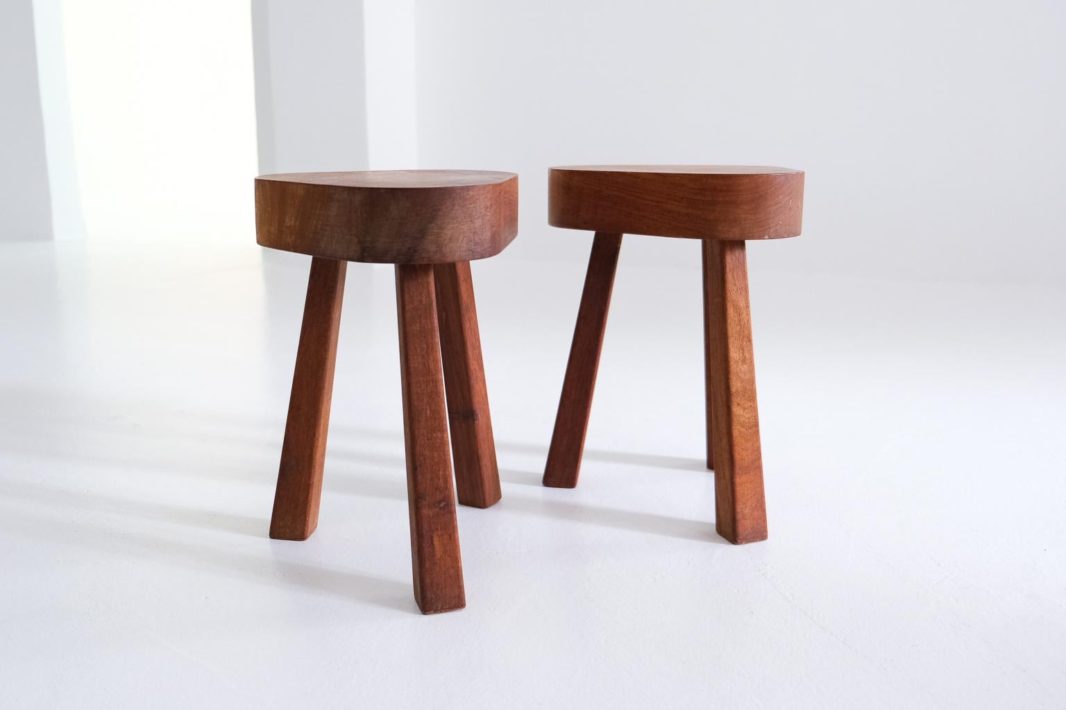 Wood 2 brutalist stools or sidetables of solid wood in the style of Chapo or Perriand For Sale