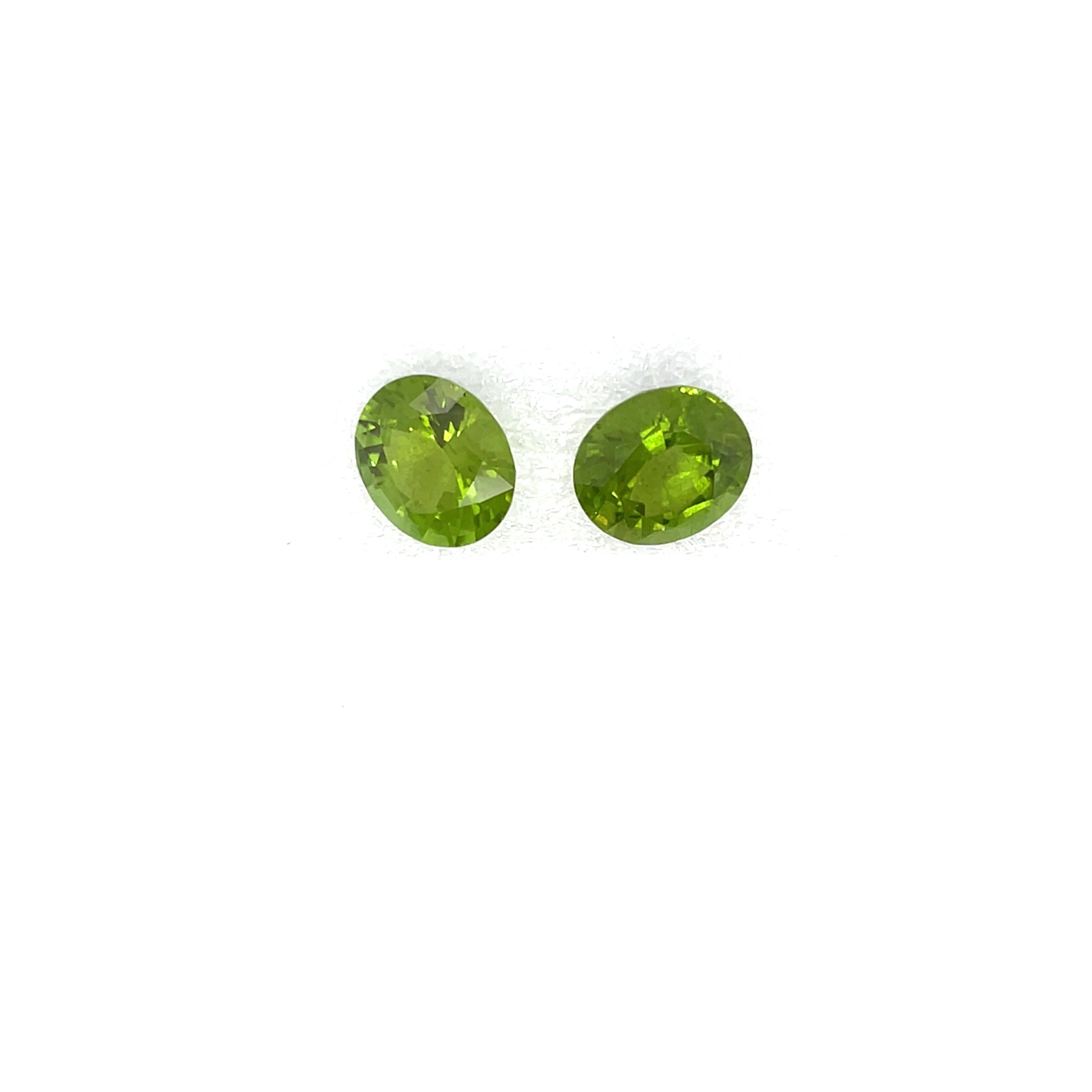 Ces deux magnifiques pierres précieuses en péridot de Birmanie, d'une valeur totale de 12,57 carats, sont tout simplement à couper le souffle. 

Les teintes vertes vibrantes brillent d'un éclat captivant, évoquant la chaleur de l'été et la fraîcheur