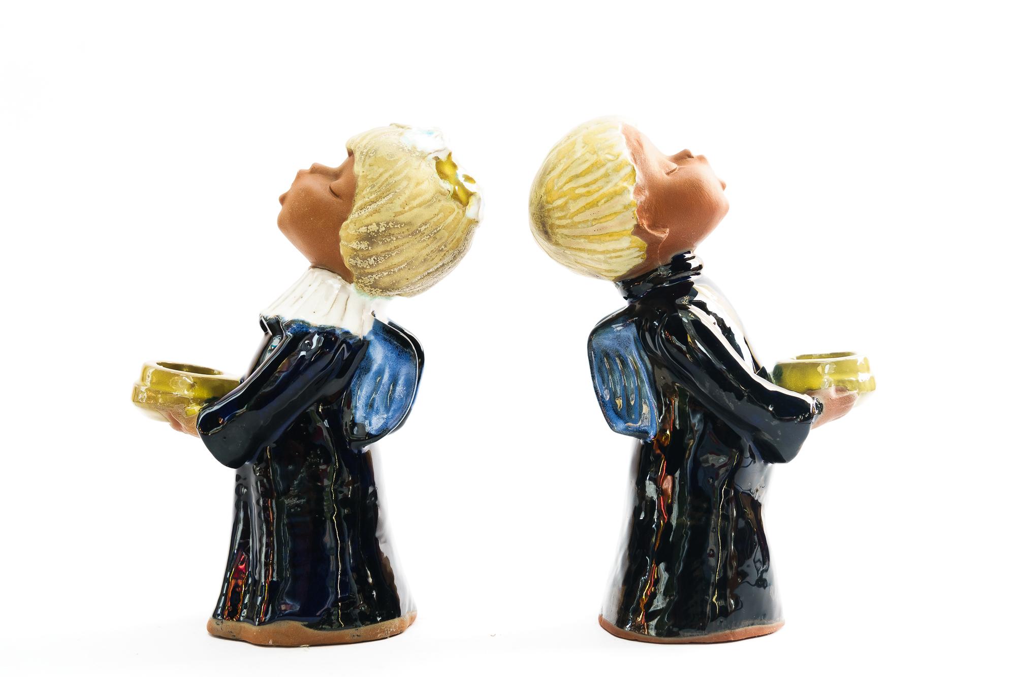 Mid-Century Modern 2 Candle sticks ceramic figurine ( Angels ) Vienna around 1950s For Sale