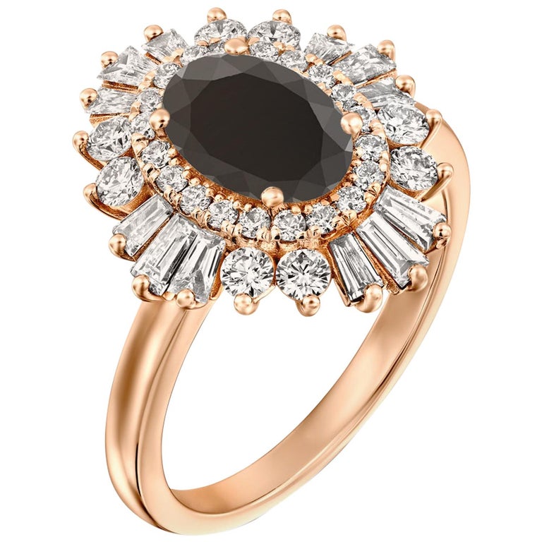 1 3/4 Carat 14 Karat Yellow Gold Certified Oval Black Diamond Engagement  Ring For Sale at 1stDibs