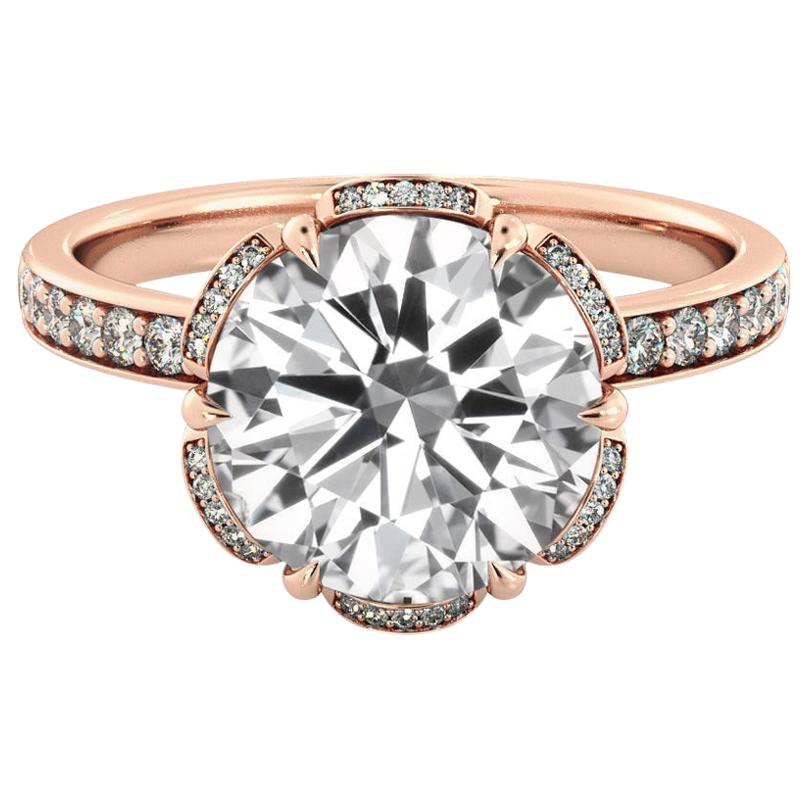 2 Carat 14 Karat Rose Gold Round Diamond Ring, Flower Diamond Halo Ring