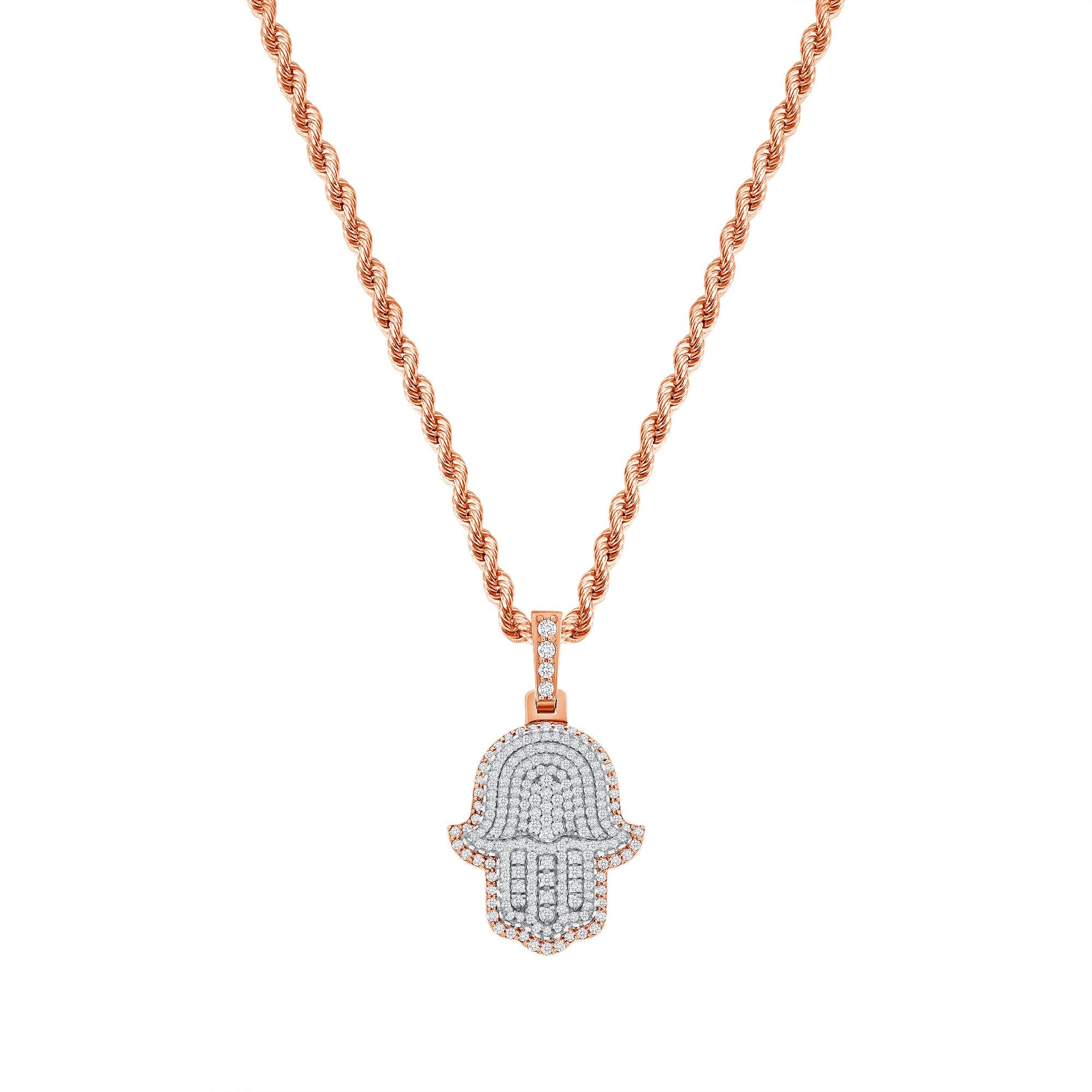 This Hamsa diamond necklace provides both a spiritual and fashionable on trend look. 

Metal: 14k Gold
Diamond Cut: Round
Total Diamond Carats: 2 Carats
Diamond Clarity: VS
Diamond Color: F-G
Necklace Length: 18 Inches
Color: Rose Gold
