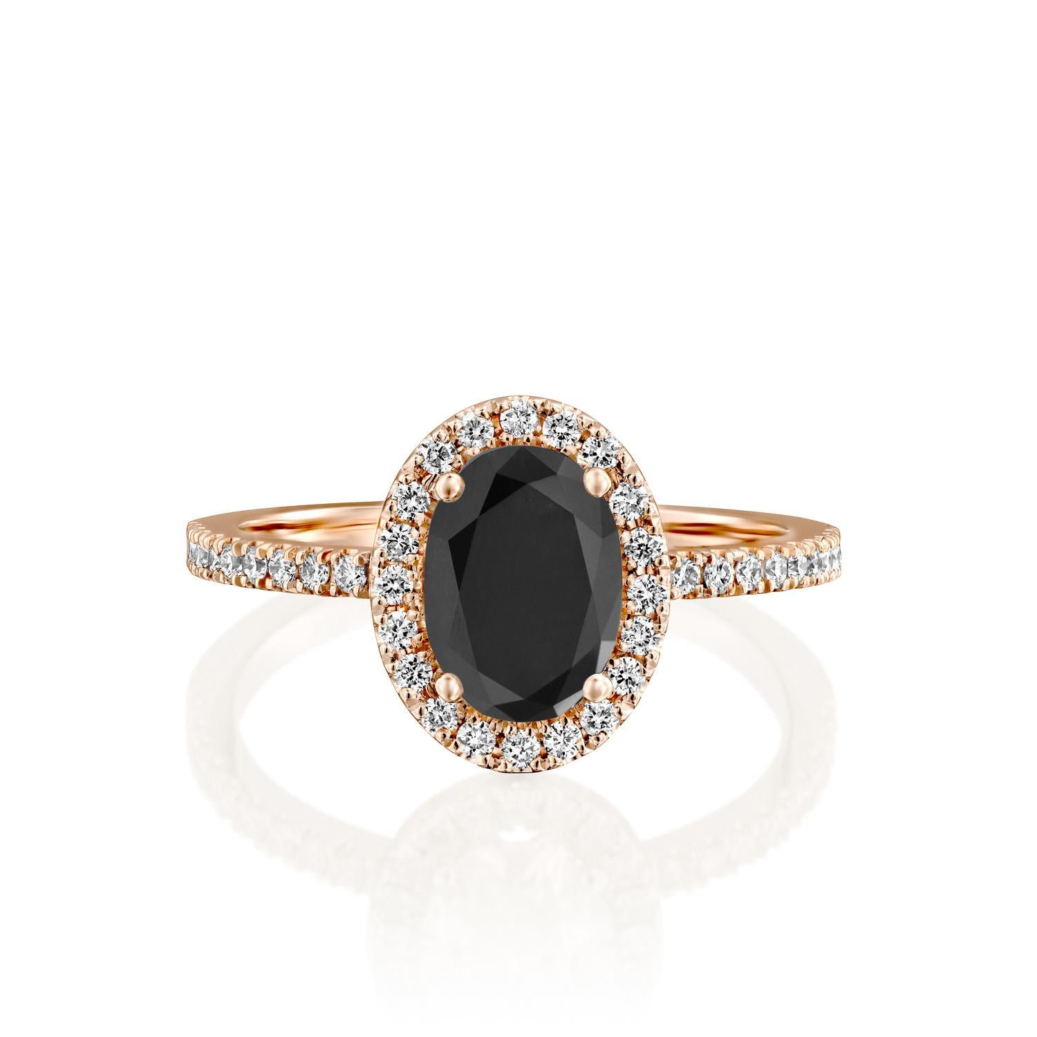 Beautiful solitaire with accents vintage style diamond engagement ring. Center stone is natural, oval shaped, AAA quality Black Diamond of 1.5 carat and it is surrounded by smaller natural diamonds approx. 0.5 total carat weight. The total carat