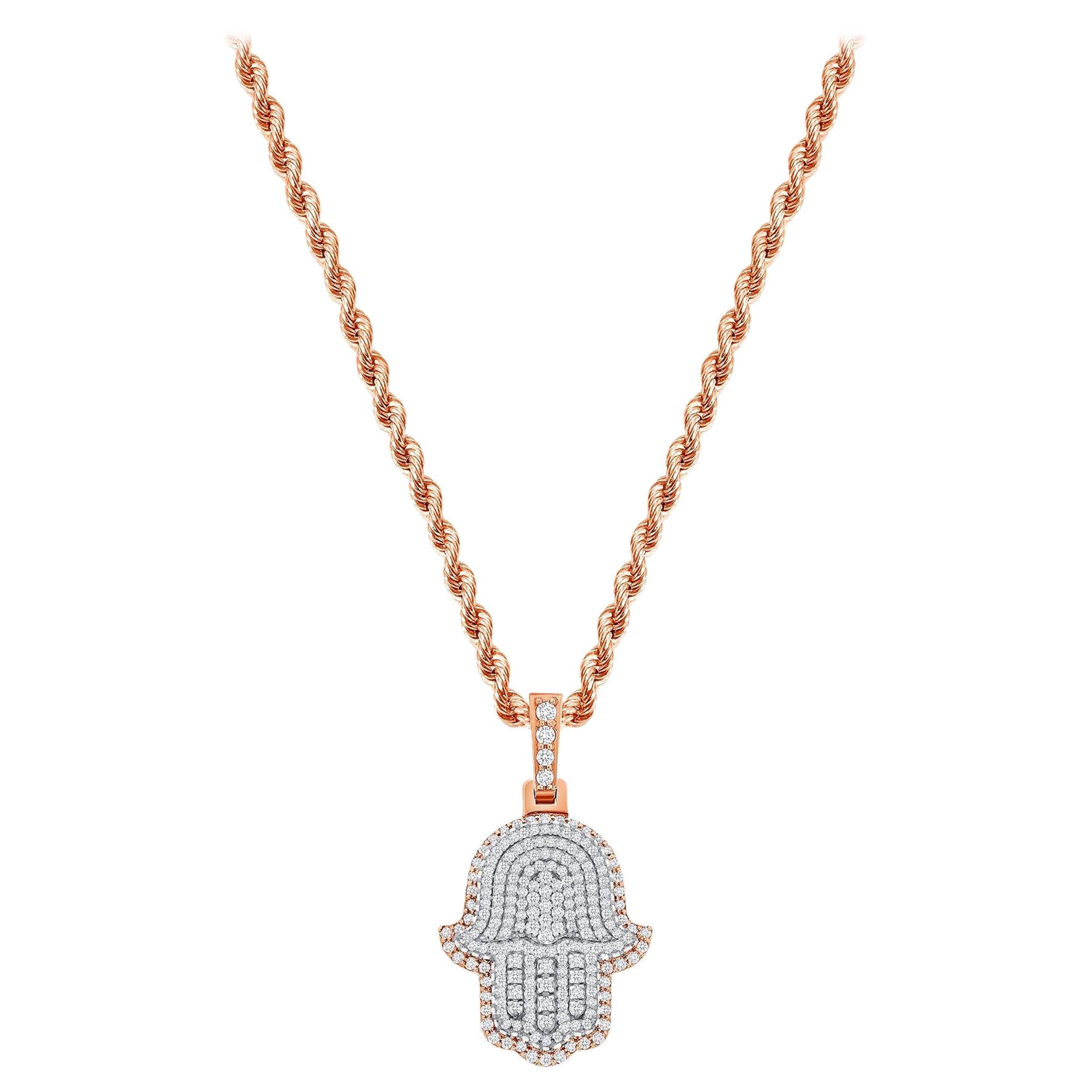 Collier Hamsa en or rose 14 carats avec diamants taille ronde de 2 carats