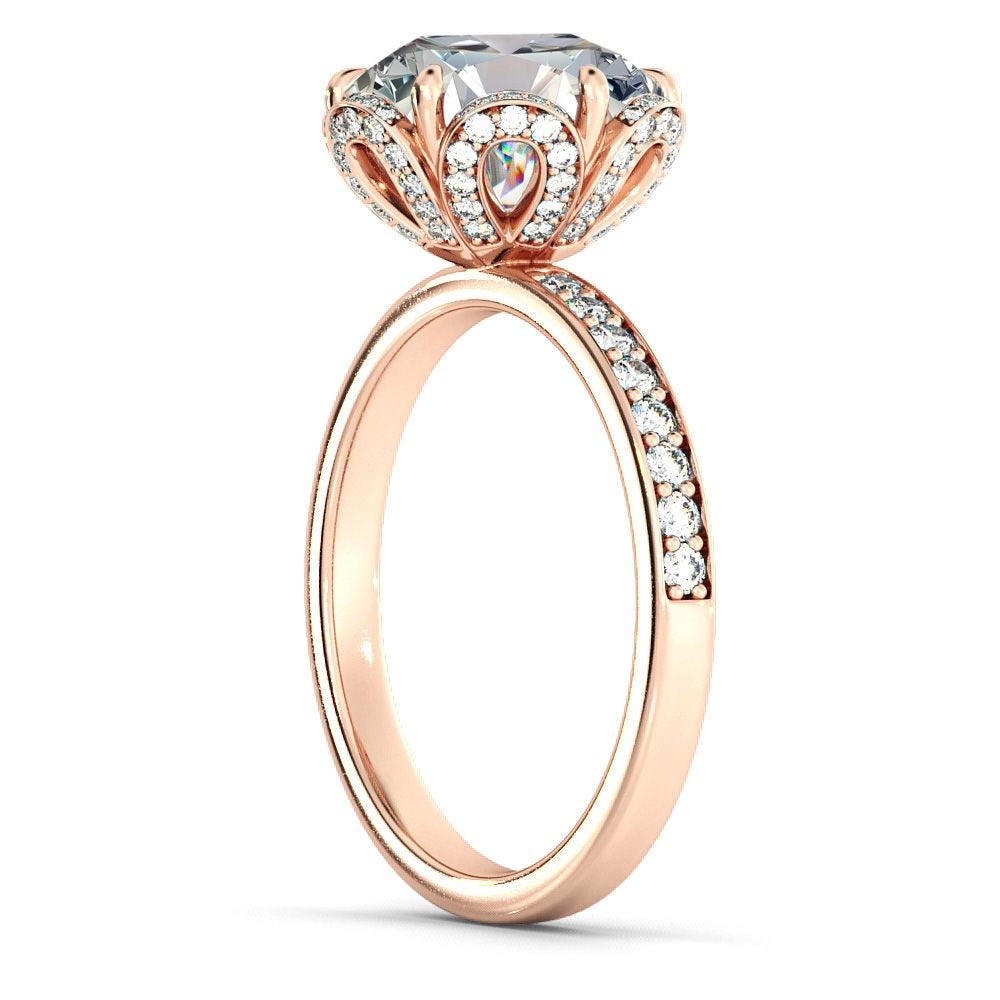 Art Deco 2 Carat 14 Karat Rose Gold Round Diamond Ring, Flower Diamond Halo Ring