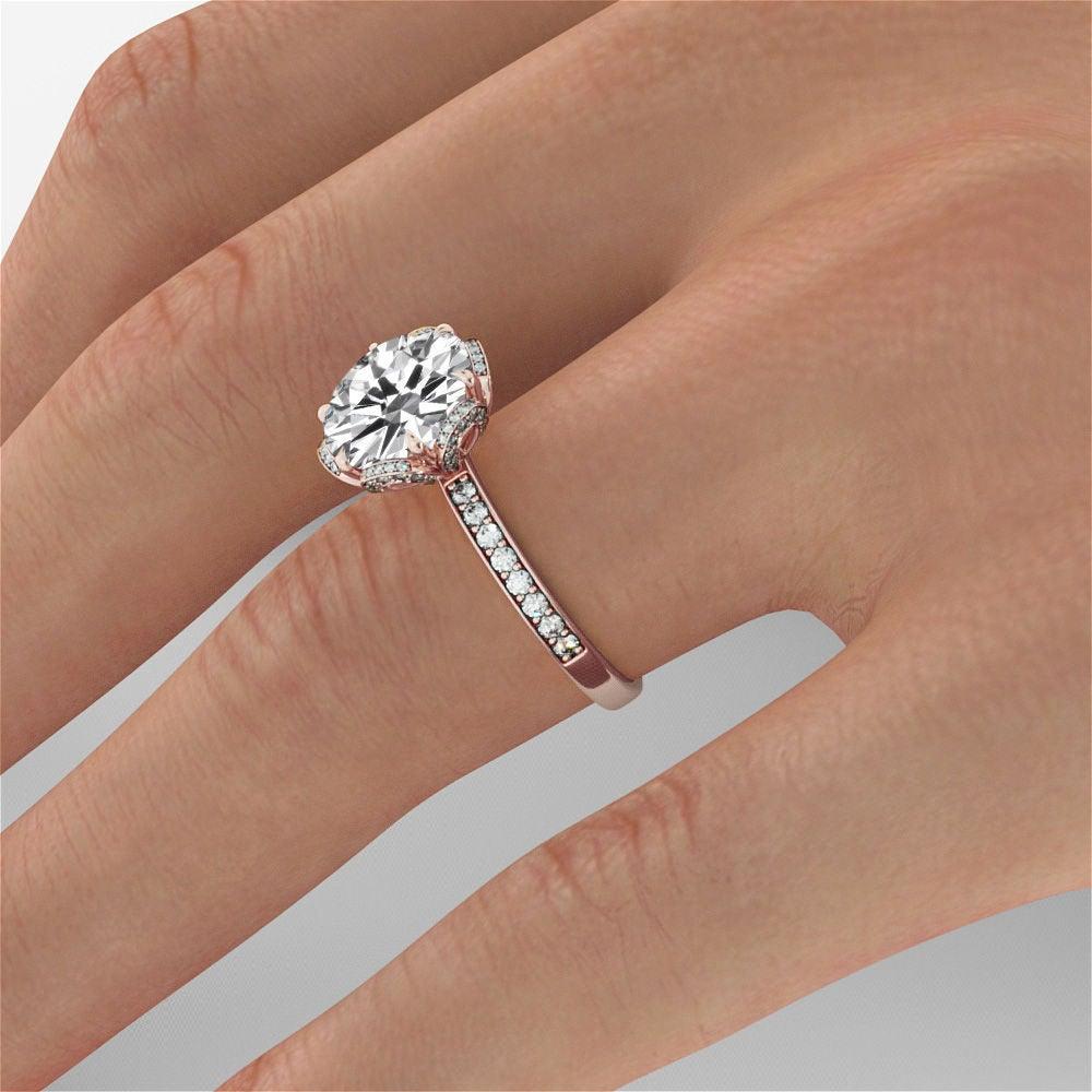 Round Cut 2 Carat 14 Karat Rose Gold Round Diamond Ring, Flower Diamond Halo Ring