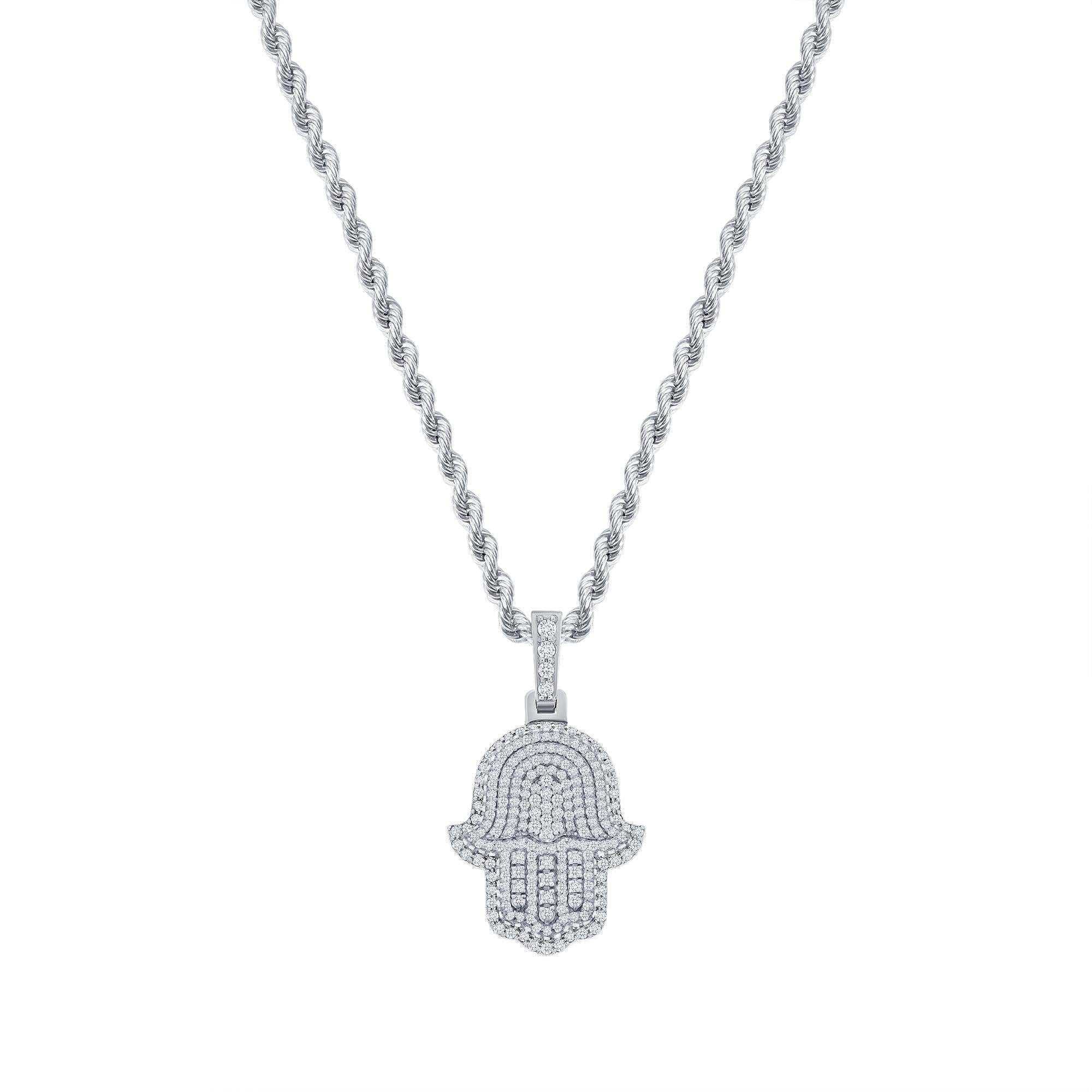 This Hamsa diamond necklace provides both a spiritual and fashionable on trend look. 

Metal: 14k Gold
Diamond Cut: Round
Total Diamond Carats: 2 Carats
Diamond Clarity: VS
Diamond Color: F-G
Necklace Length: 18 Inches
Color: White Gold
