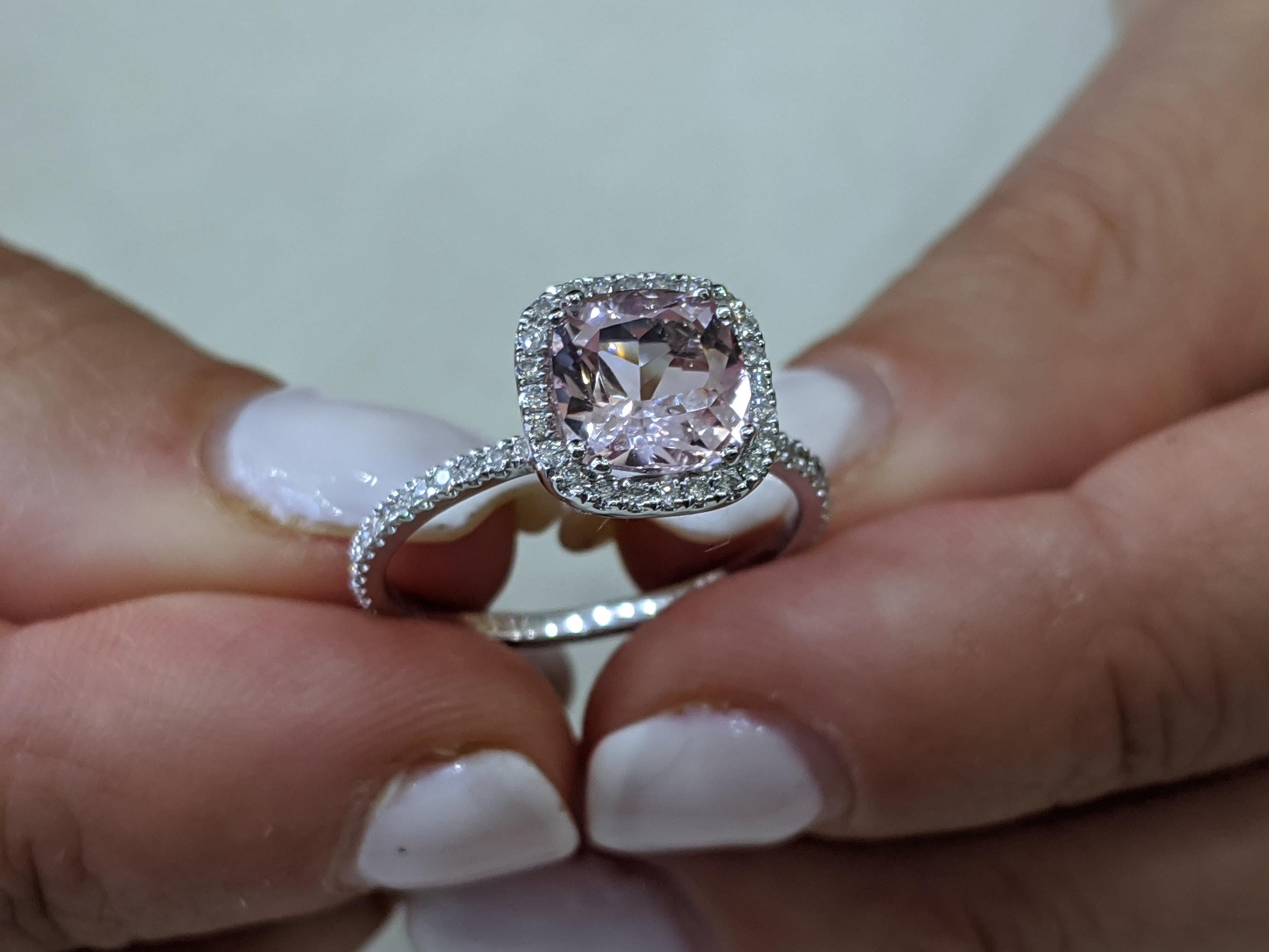 One of a kind 2 Carat Morganite and Diamonds Engagement Ring - An amazing 7.5mm pink/peach natural cushion morganite gemstone, adorned by 1/2ctw of white natural diamonds - this ring is a great diamond alternative ring that will draw attention