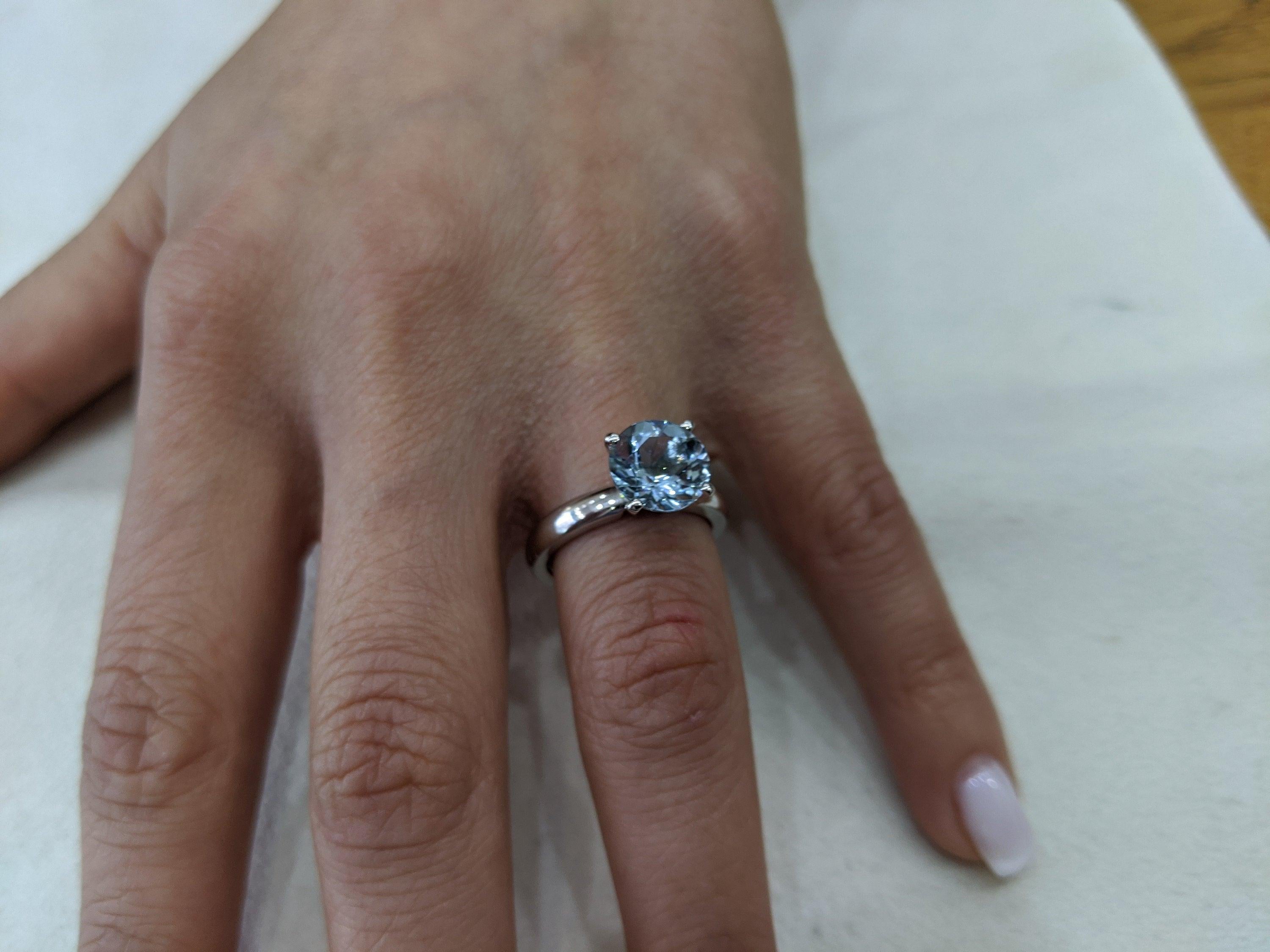 A beautiful handmade engagement ring made of 14K white gold set with a large natural 8mm natural, light blue aquamarine. This ring can be set with any stone you choose or in any carat weight.
 
 Aquamarine Details
 Main Stone: 8mm
 Shape: Round
