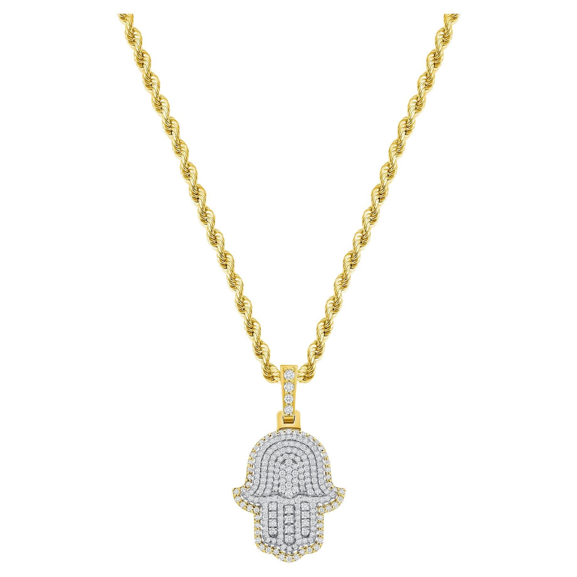 Collier Hamsa en or jaune 14 carats avec diamants taille ronde de 2 carats