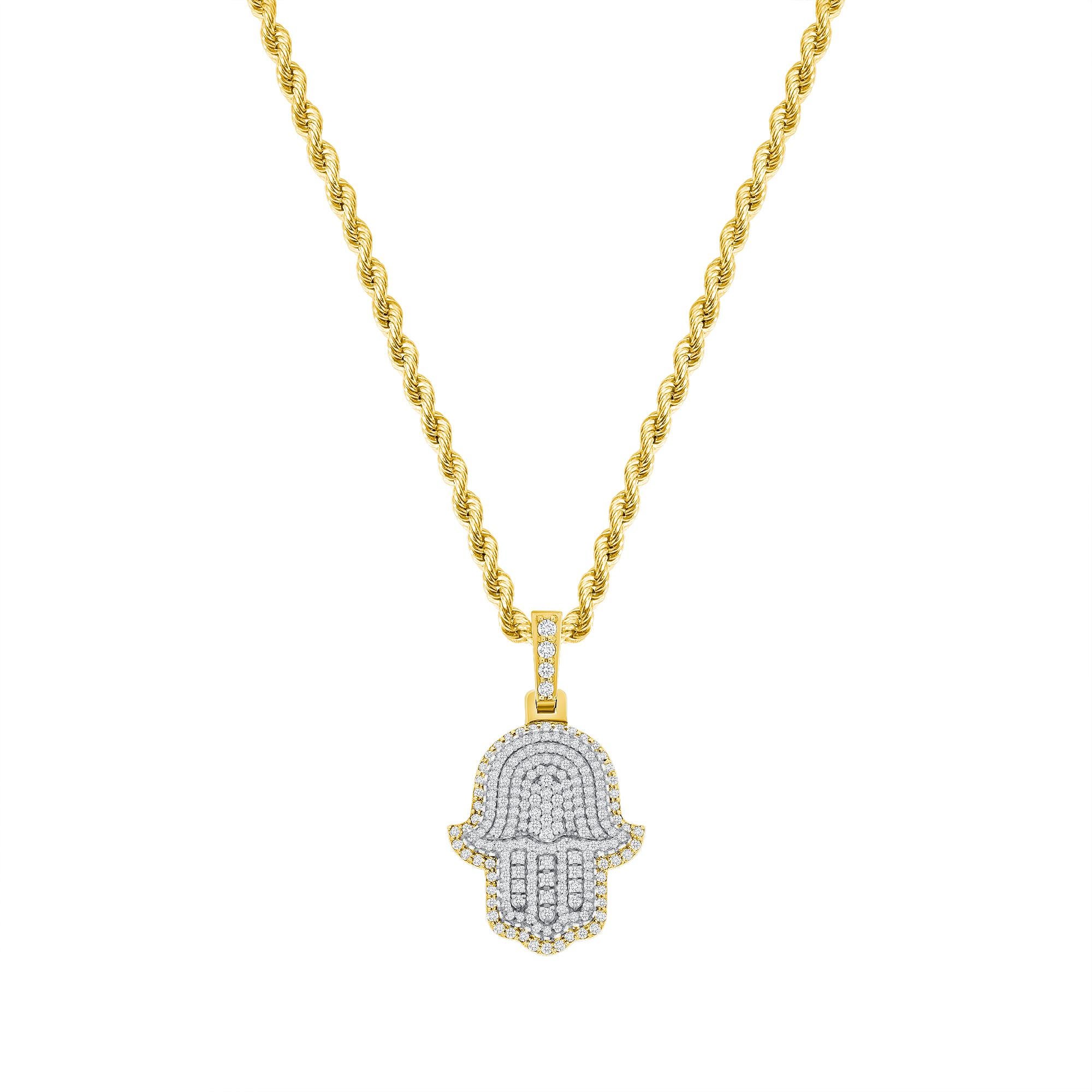 This Hamsa diamond necklace provides both a spiritual and fashionable on trend look. 

Metal: 14k Gold
Diamond Cut: Round
Total Diamond Carats: 2 Carats
Diamond Clarity: VS
Diamond Color: F-G
Necklace Length: 20 Inches
Color: Yellow Gold
