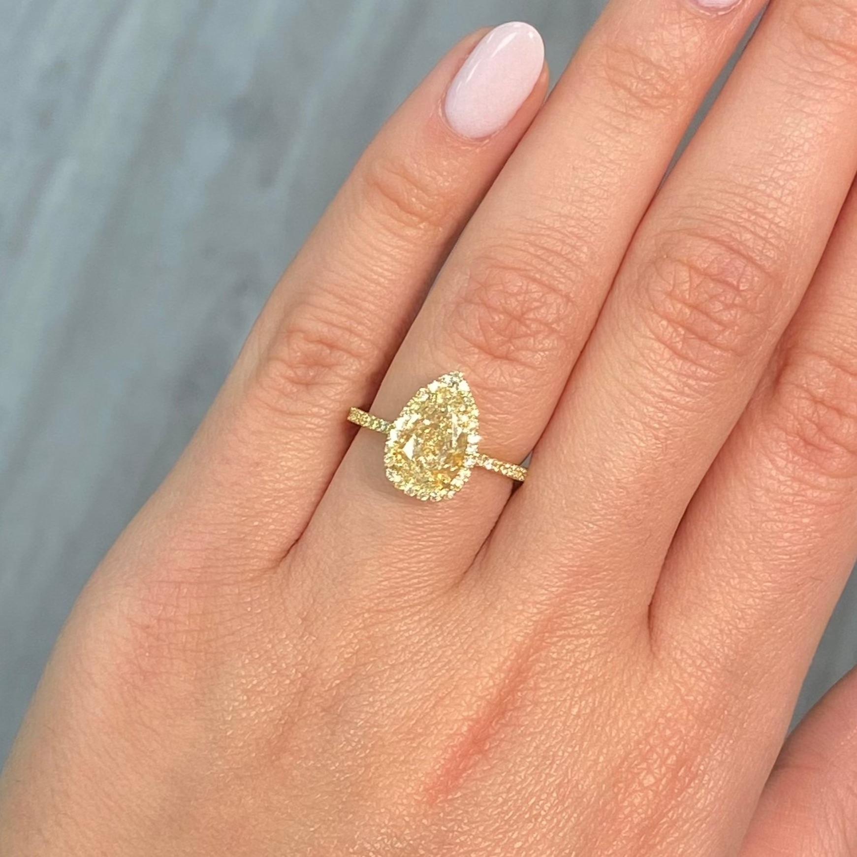 Pear Cut 2 Carat All Yellow Pear Shape Diamond Halo Ring For Sale