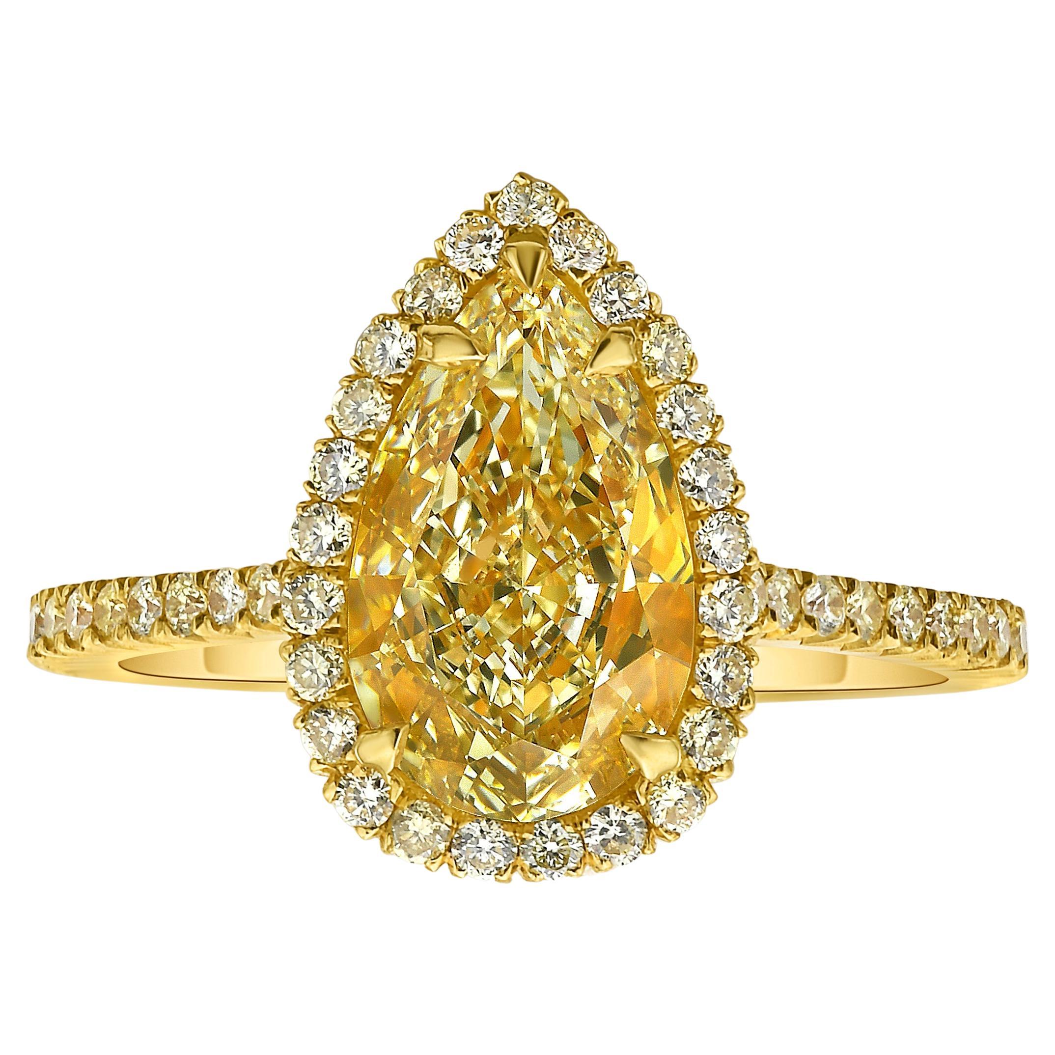 2 Carat All Yellow Pear Shape Diamond Halo Ring For Sale