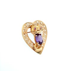 2 Carat Amethyst Cat Gold Heart Vintage Brooch Pin