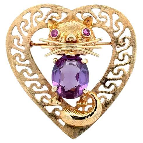 2 Carat Amethyst Cat Gold Heart Vintage Brooch Pin