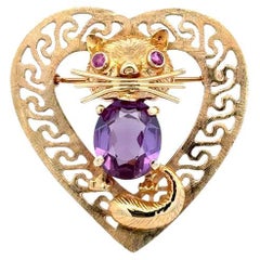 2 Carat Amethyst Cat Gold Heart Vintage Brooch Pin