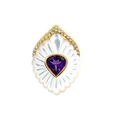 2 Carat Amethyst Teardrop RBC Diamond MOP Gold Vintage Pendant Necklace
