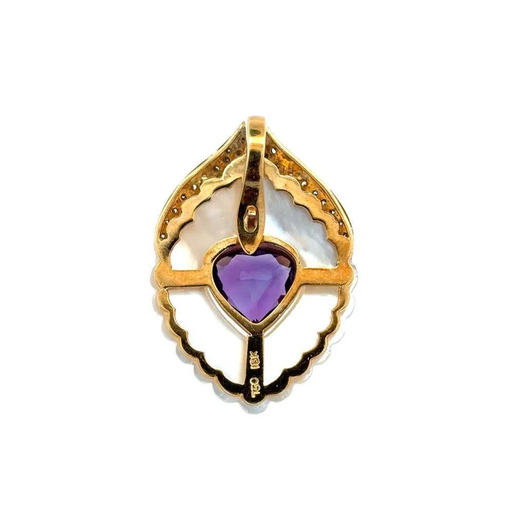 Mixed Cut 2 Carat Amethyst Teardrop RBC Diamond MOP Gold Vintage Pendant Necklace For Sale