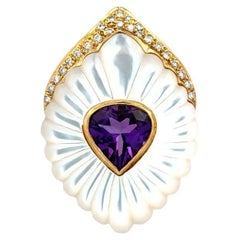 2 Carat Amethyst Teardrop RBC Diamond MOP Gold Vintage Pendant Necklace