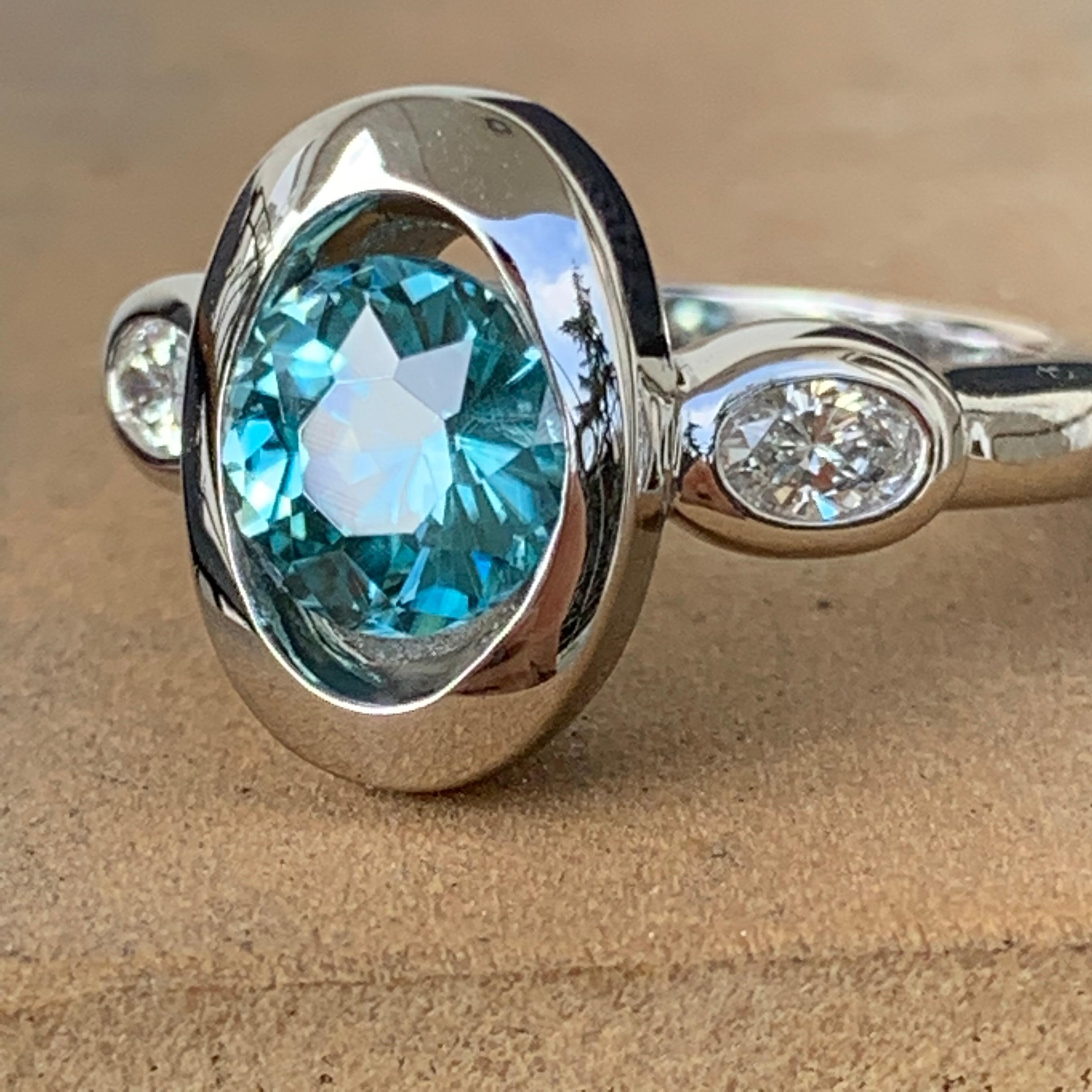 Modern 2 Carat Approximate Round Blue Topaz and Diamond Ring, Ben Dannie Design For Sale