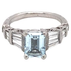 Vintage 2 Carat Aquamarine and 1.17 Carat Diamond Ring in Platinum