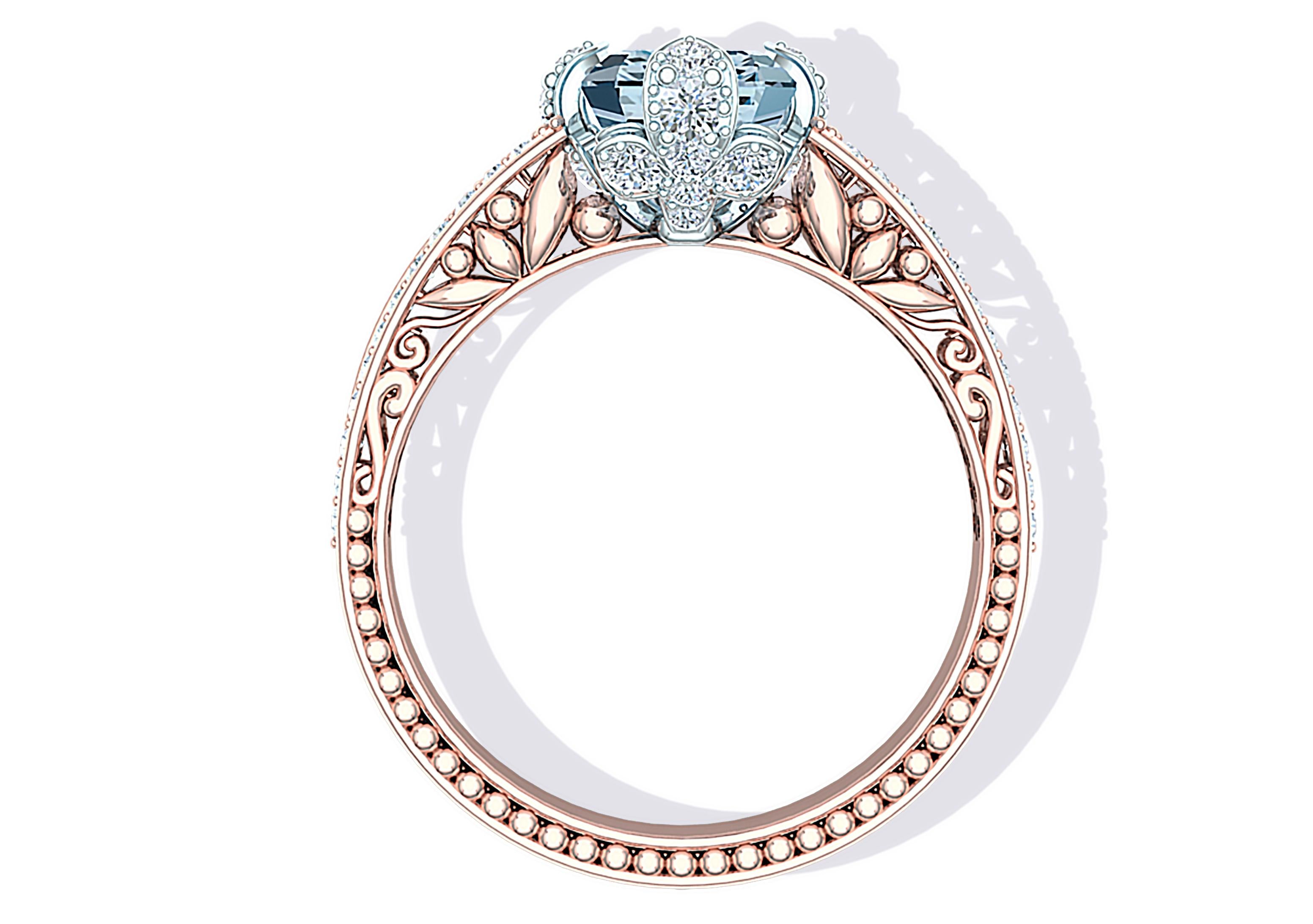 Dieser Ring aus Roségold mit Aquamarin und Diamanten hat einen eleganten Look mit einem Hauch von Vintage.  Der Mittelstein dieses Rings ist ein Aquamarin im Smaragdschliff, der ein ungefähres Gewicht von 2,10 Karat und eine gleichmäßige stahlblaue