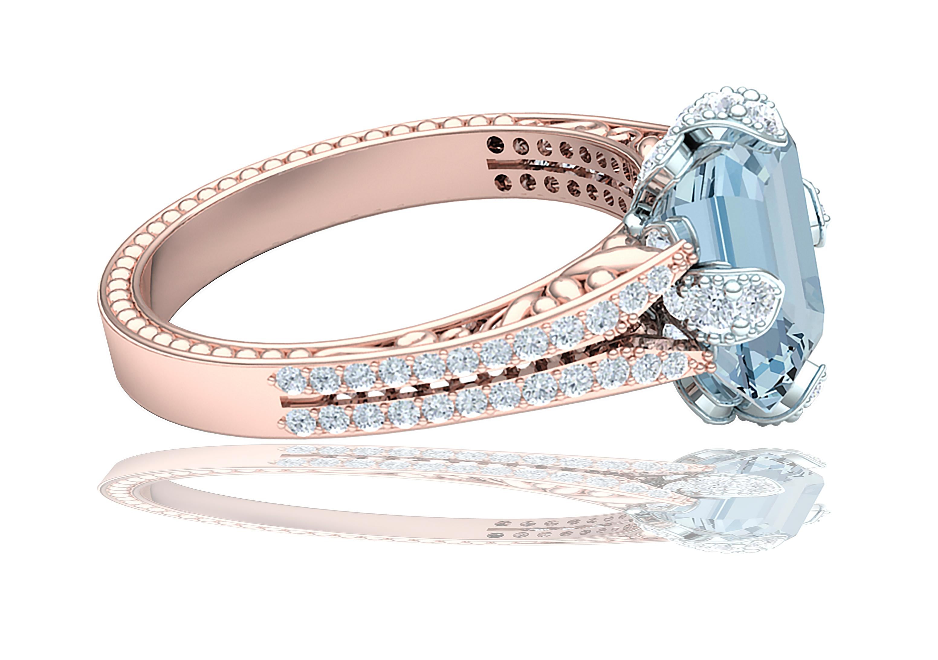 2 Karat Aquamarin und Diamant Roségold Platin Ring im Zustand „Hervorragend“ im Angebot in Aliso Viejo, CA