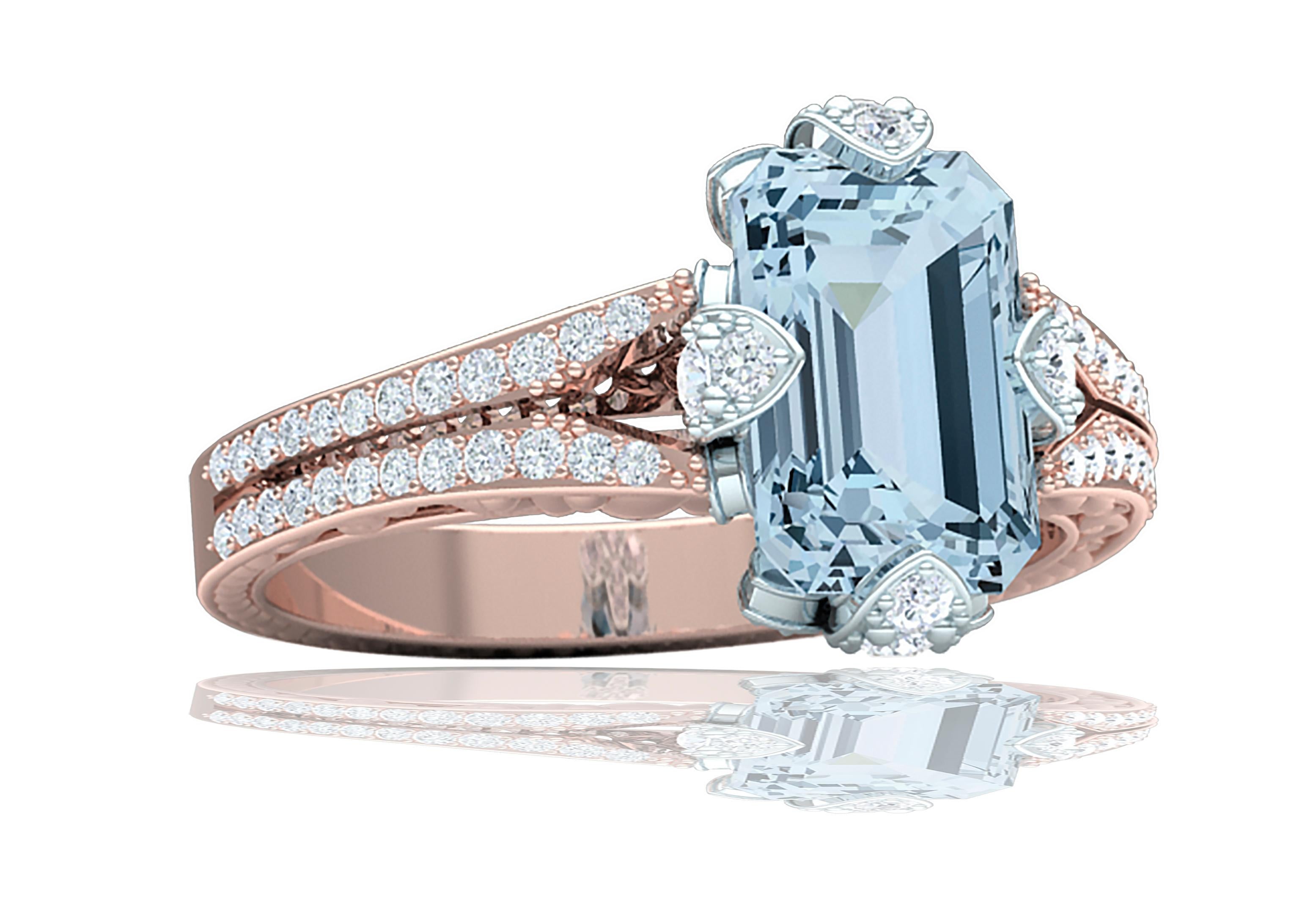 2 Karat Aquamarin und Diamant Roségold Platin Ring im Angebot 1