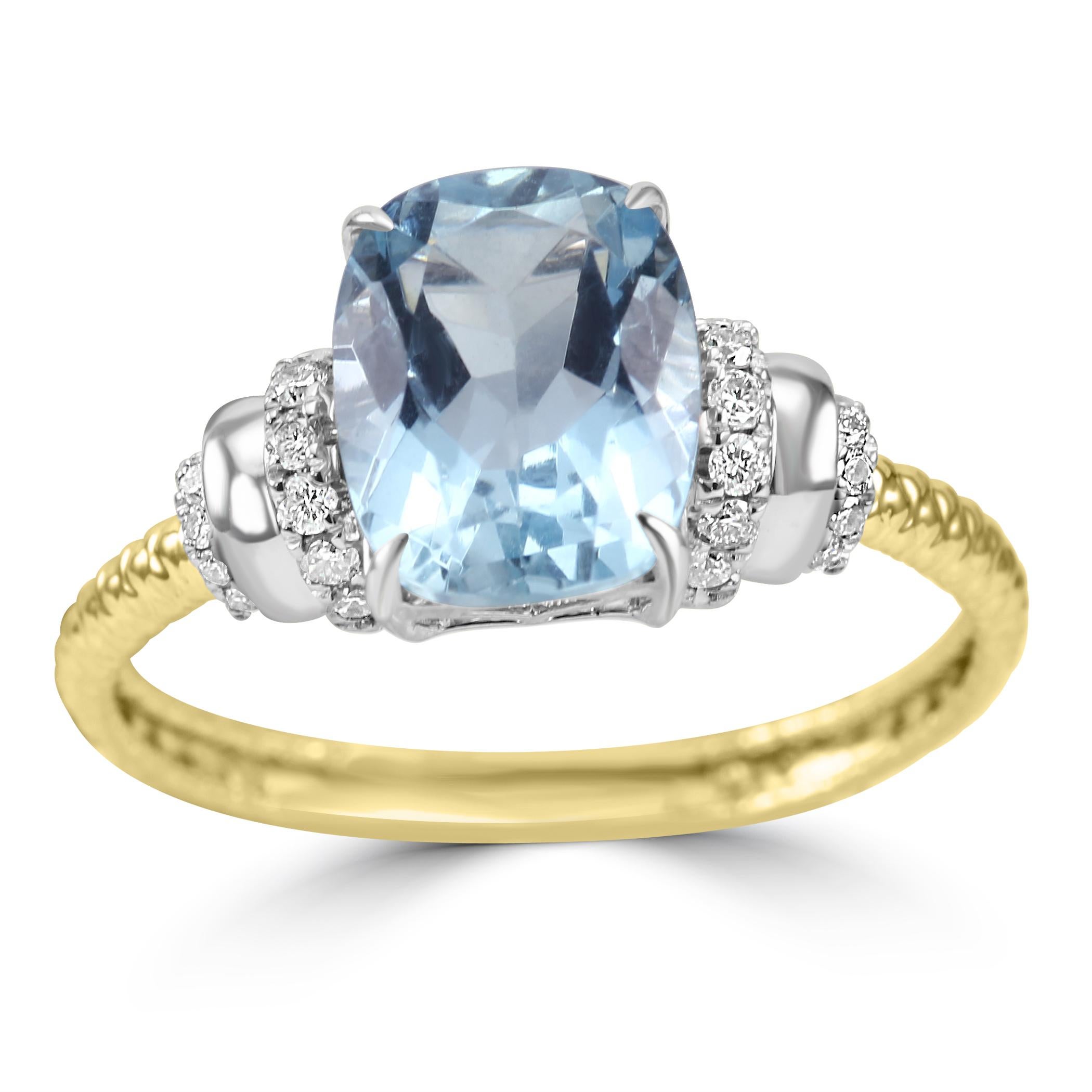 Introducing our exquisite Aquamarine ring, a stunning piece that captures the essence of elegance and sophistication. 

This breathtaking ring features a mesmerizing 2.0 carat cushion cut aquamarine at its center, radiating a serene sky-blue hue