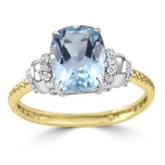 2 Carat Aquamarine Cushion & White Diamond Round 14 Karat Fashion Cocktail Ring