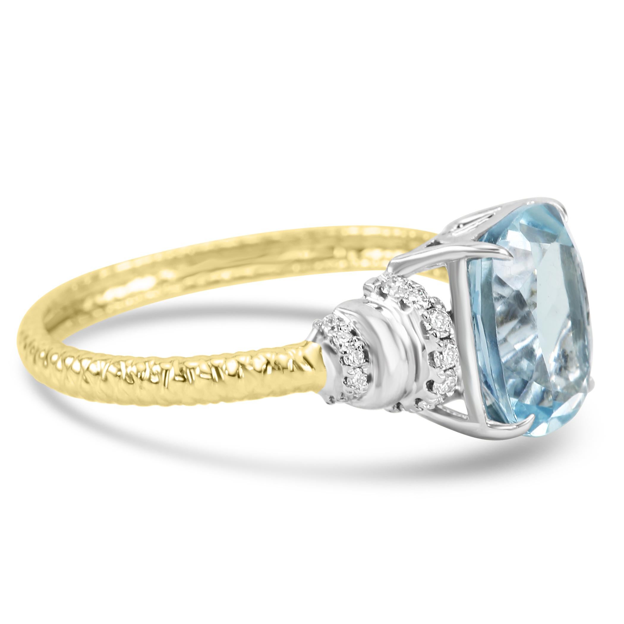 Modern 2 Carat Aquamarine Cushion & White Diamond Round 14 Karat Fashion Cocktail Ring For Sale