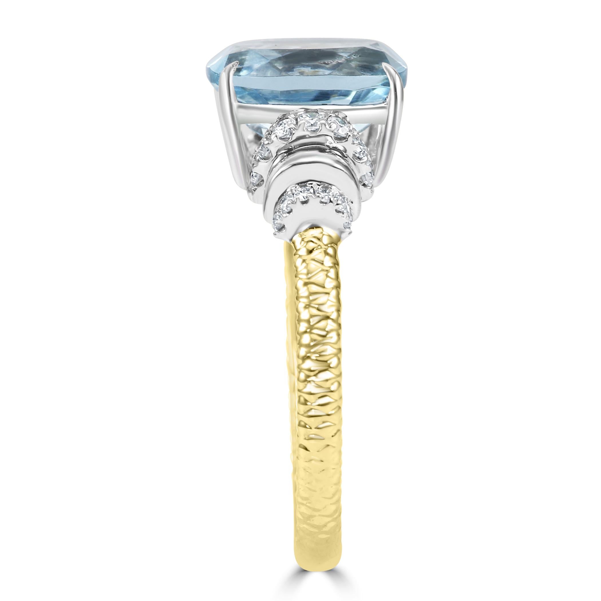 Cushion Cut 2 Carat Aquamarine Cushion & White Diamond Round 14 Karat Fashion Cocktail Ring For Sale
