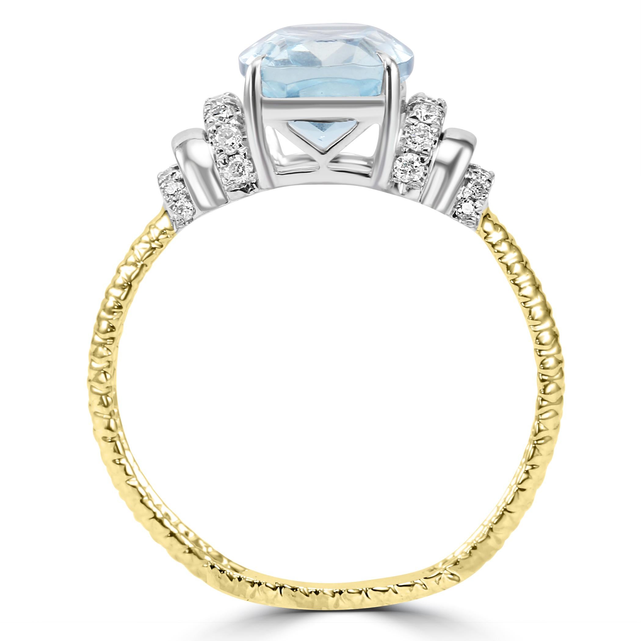 Women's or Men's 2 Carat Aquamarine Cushion & White Diamond Round 14 Karat Fashion Cocktail Ring For Sale