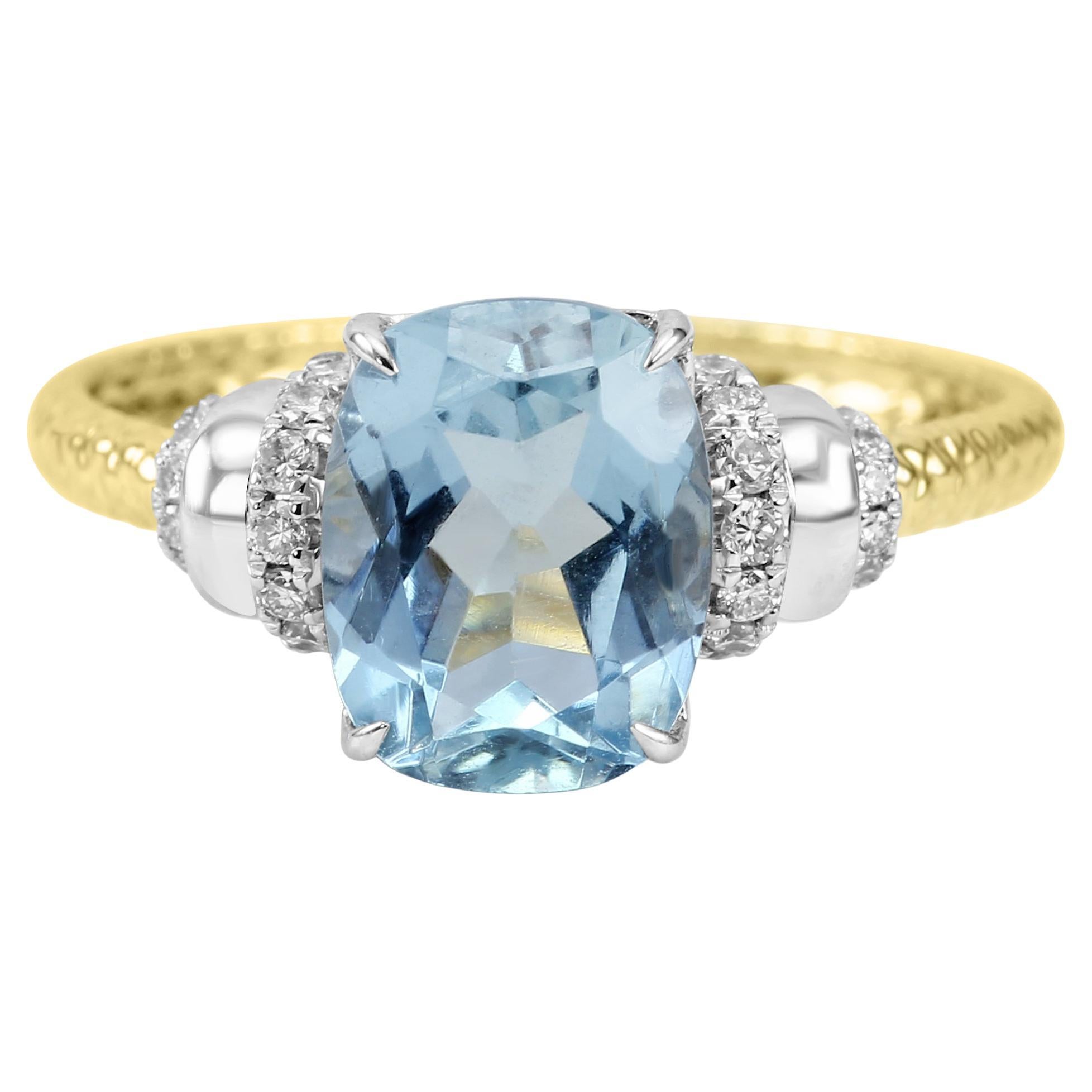 2 Carat Aquamarine Cushion & White Diamond Round 14 Karat Fashion Cocktail Ring For Sale