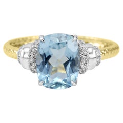 2 Carat Aquamarine Cushion & White Diamond Round 14 Karat Fashion Cocktail Ring