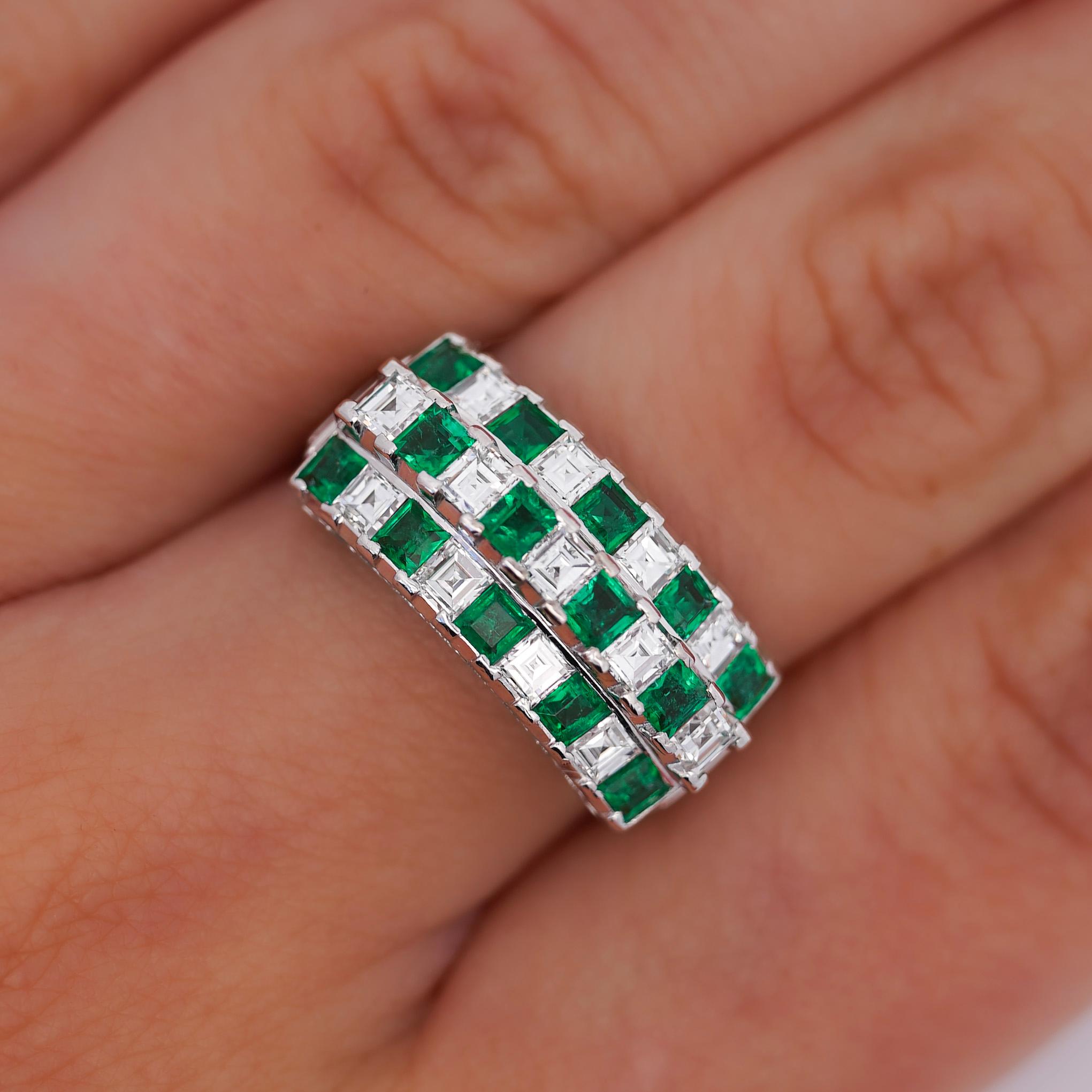 Bague à damier en émeraude et diamant de 2 carats, taille Asscher en vente 1