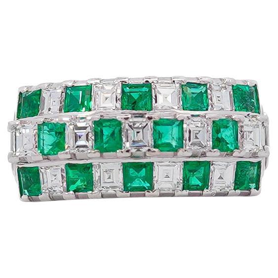 Bague à damier en émeraude et diamant de 2 carats, taille Asscher