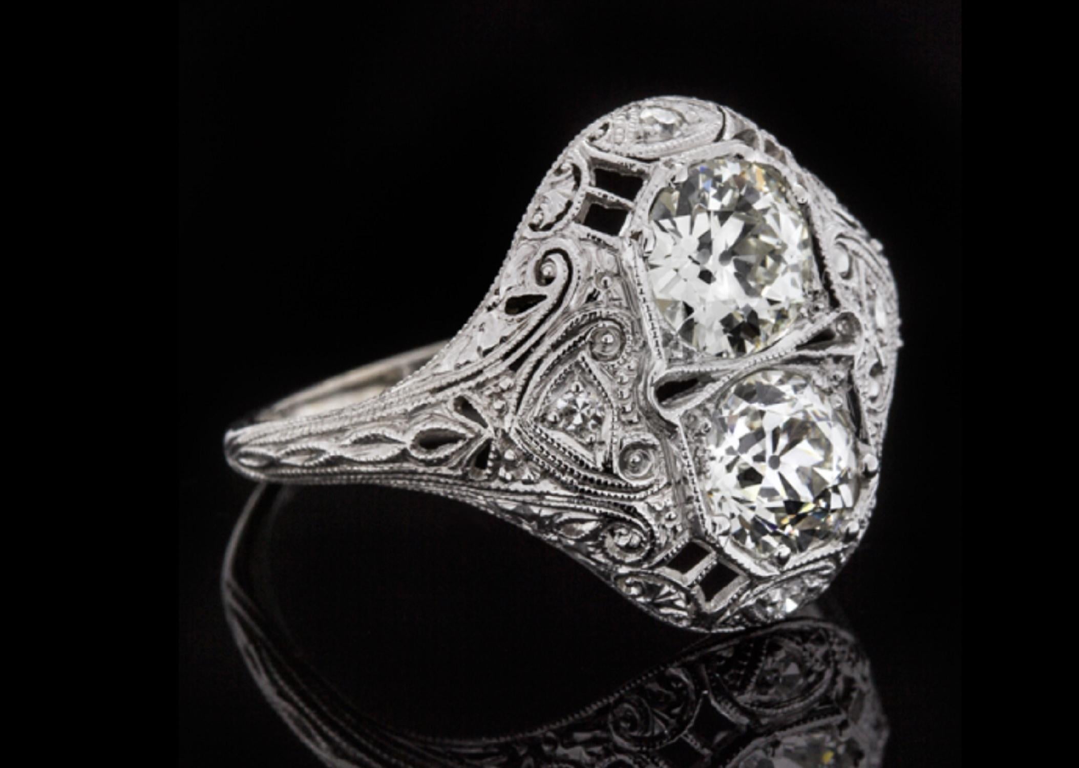 Old European Cut 2 Carat Authentic Art Deco Diamond Platinum Ring
