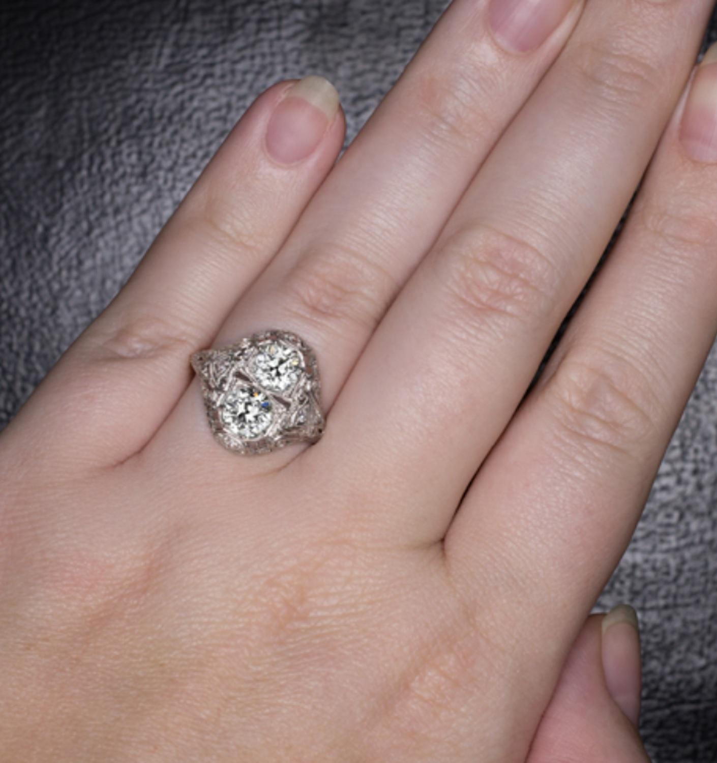 Women's or Men's 2 Carat Authentic Art Deco Diamond Platinum Ring