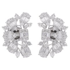 2 Carat Baguette Diamond Half Moon Design Earrings 14 Karat White Gold Jewelry