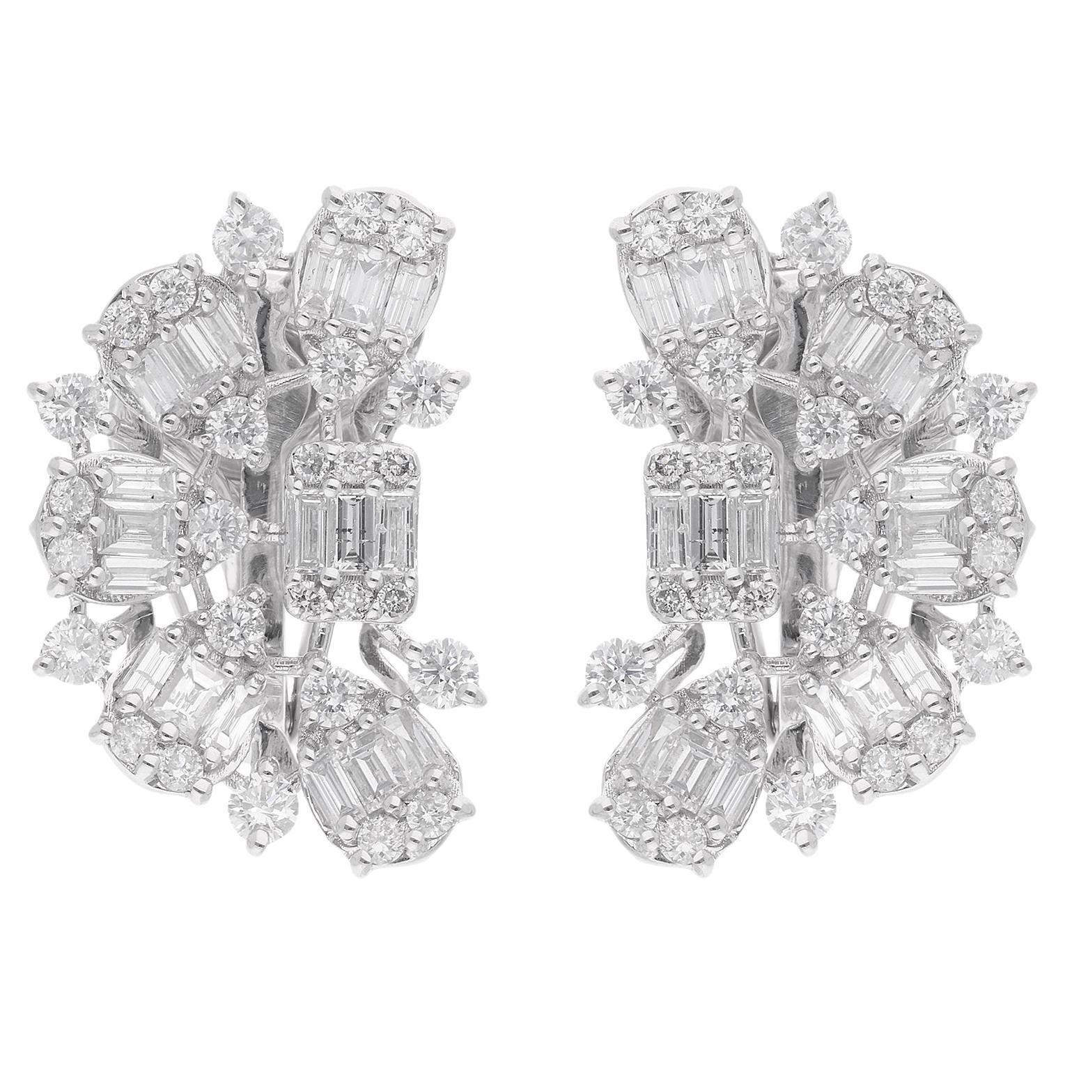 2 Carat Baguette & Round Diamond Earrings 14 Karat White Gold Handmade Jewelry