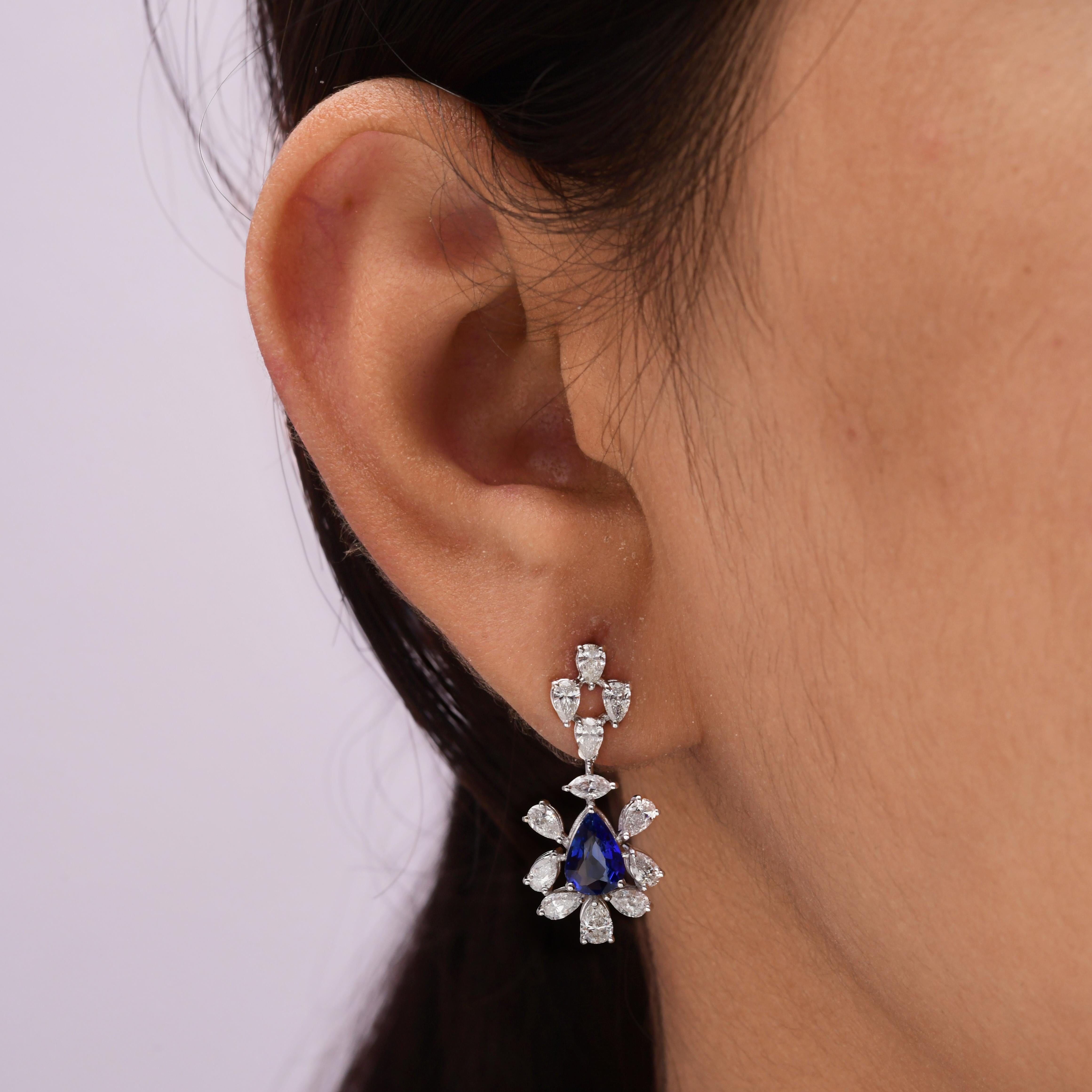 Pear Cut 2 Carat Blue Sapphire 2.1 Carat SI/H Diamond Dangle Earrings 18 Karat White Gold For Sale