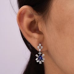 2 Carat Blue Sapphire 2.1 Carat SI/H Diamond Dangle Earrings 18 Karat White Gold