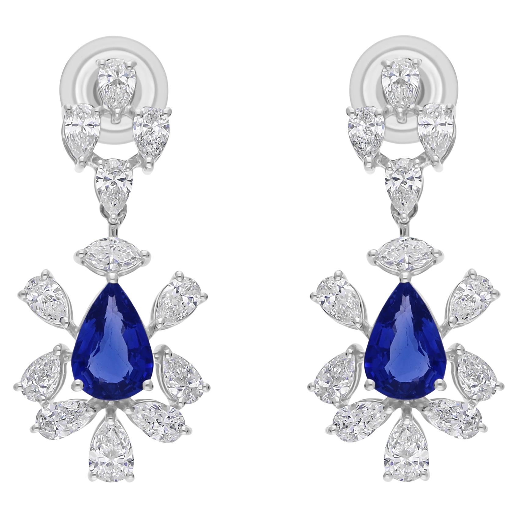 2 Carat Blue Sapphire 2.1 Carat SI/H Diamond Dangle Earrings 18 Karat White Gold