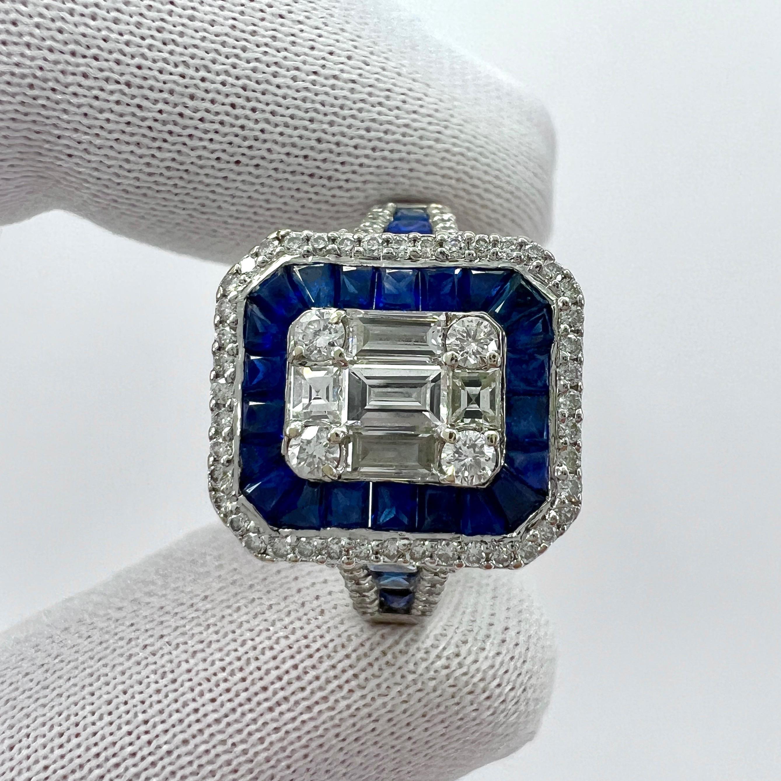 2 Carat Blue Sapphire Diamond Calibre Cut 18k White Gold Art Deco Cocktail Ring For Sale 5